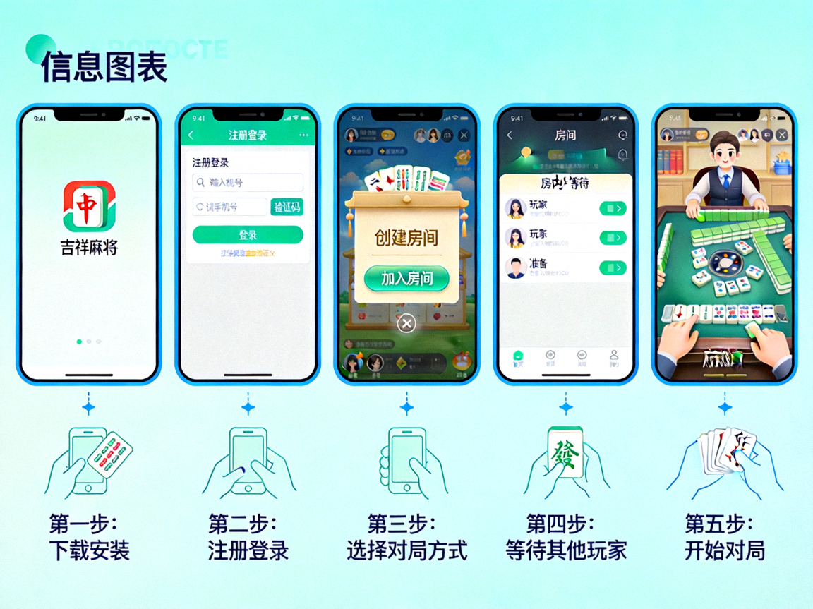 吉祥麻将玩法步骤示意图，展示从下载到对局的完整流程